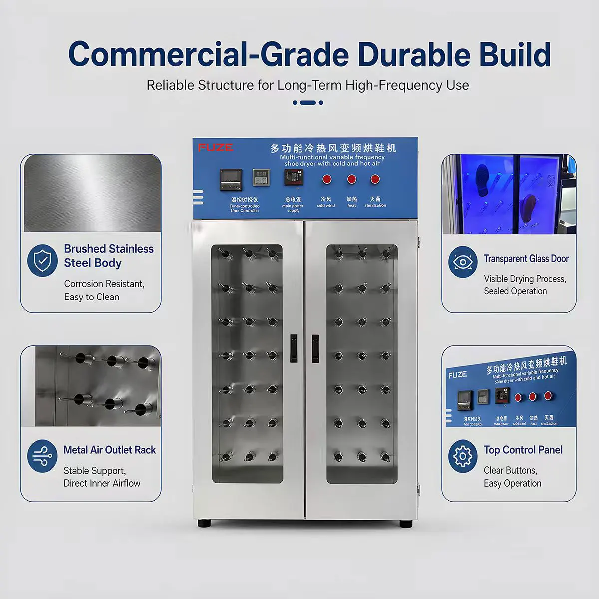 Commercial Large Capacity Shoe Drying Cabinet with Double Doors, UV & Ozone Disinfection Sterilizer for Washing Shop - Image 4