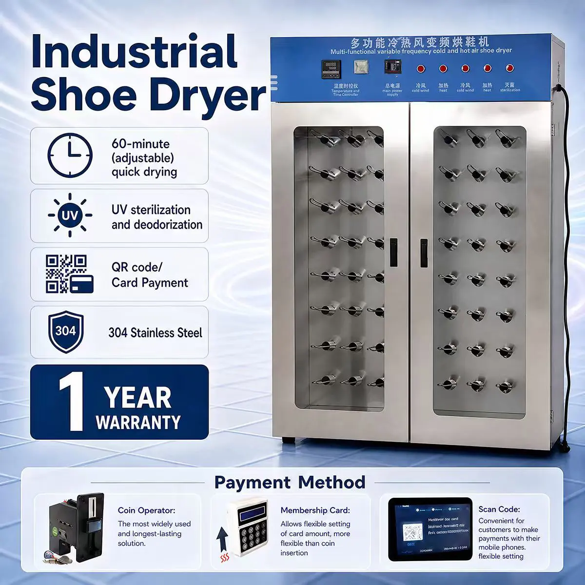 Commercial Large Capacity Shoe Drying Cabinet with Double Doors, UV & Ozone Disinfection Sterilizer for Washing Shop